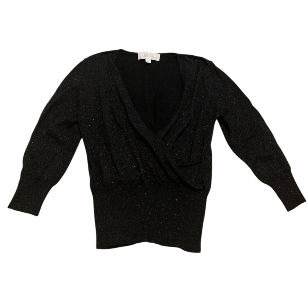 K&Co. Kasper Black Sparkly V-Neck Wrap Sweater Top Y2K Retro Shimmer Medium